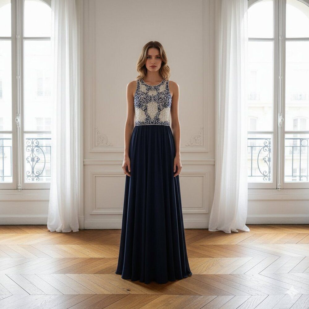 Sequin Hearts Navy Blue Illusion Beaded Sequin Prom Dress Maxi Gown Size 9